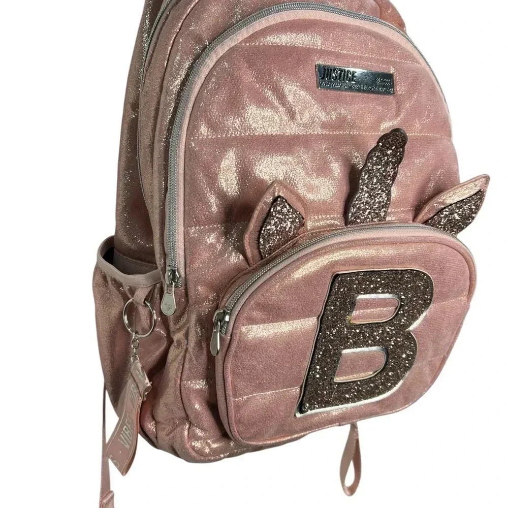 Justice B Initial Book Bag Backpack Rose Gold Justice Store Rare Hard To Find - Picture 2 of 8